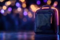 Black leather backpack on reflective surface with blurred bokeh lights in purple and gold tones creating atmospheric mood for fashion and lifestyle content.