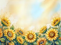 Watercolor sunflower border frame with soft pastel sky background for greeting cards, invitations and seasonal decorations.