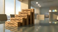 Wooden blocks with business values stacked on office desk creating leadership foundation concept for corporate training and professional development.