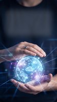 Person holding glowing digital globe with cloud network icons and data connections, representing global cloud computing, internet technology, and worldwide digital infrastructure solutions.