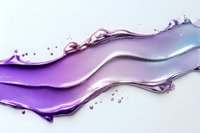 Glossy purple to silver gradient liquid smear with droplets on white background, cosmetic texture swatch for beauty product presentation.