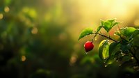 Fresh red chili pepper growing on plant with water drops on green leaves against blurred natural bokeh background in morning sunlight.