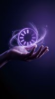 Hand holding glowing neon loading icon with purple energy swirls on dark background. Concept for time management, waiting, progress, technology, and digital services.
