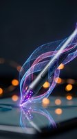 Futuristic smartphone with glowing digital energy waves and light trails on dark background with bokeh lights for technology and innovation concepts.