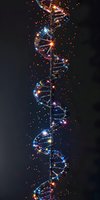 Glowing DNA helix with colorful light particles against black background, representing genetic science and biotechnology research.