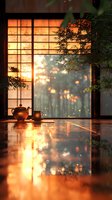 Tranquil tea ceremony setting with traditional teapot silhouetted against shoji screen window at golden sunset, creating magical reflections on polished wooden floor.