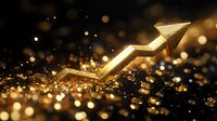 Golden arrow pointing upward with sparkles and bokeh lights on dark background, symbolizing growth, success and financial prosperity in business concept.