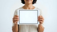 Middle-aged woman with short dark hair and South Asian ethnicity wearing a beige t-shirt, holding a blank white rectangular sign with black border in front of her torso against white background.