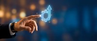 Businessman hand touching glowing blue rocket icon against blurred cityscape background, symbolizing startup launch, business growth, innovation and entrepreneurial success.
