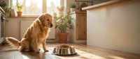 Golden retriever dog sitting patiently next to food bowl in bright modern kitchen with natural sunlight streaming through window creating warm atmosphere.
