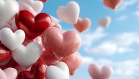 Red and white heart balloons floating against blue sky with fluffy clouds, romantic celebration atmosphere creates dreamy Valentine's Day or wedding backdrop.