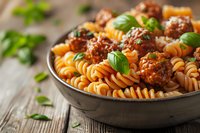 Homemade fusilli pasta with juicy meatballs in rich tomato sauce, garnished with fresh basil leaves, served in rustic ceramic bowl on wooden table. Classic Italian cuisine.