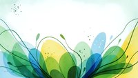 Abstract flowing organic shapes in vibrant green, blue and yellow colors with delicate lines and dots creating dynamic movement on light background.