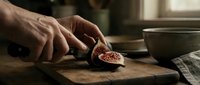 Hands cutting fresh figs on wooden cutting board in kitchen, food preparation and cooking concept for culinary, recipe, and ingredient use.