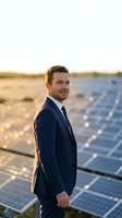 Confident businessman in navy suit standing at solar panel farm during golden hour sunset for renewable energy and sustainability concepts.