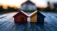 Miniature red and blue wooden houses on rustic wood surface at sunset, shallow depth of field creates dreamy atmosphere for real estate and housing concepts.