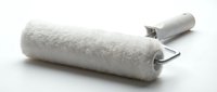 Lint roller with gray handle on white background, used for removing dust and pet hair from clothing and furniture surfaces.