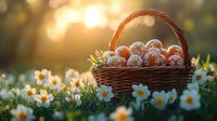 Fresh oranges dusted with powdered sugar in woven basket surrounded by blooming white daisies in spring garden during golden sunset light.