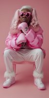 Senior African American person wearing pink winter jacket, sunglasses, and boxing gloves poses confidently against pink background. Stylish urban fashion concept.