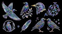 Iridescent starling birds clipart set isolated on transparent background, featuring feathers, flock silhouettes, and ornate details for stickers, sublimation, and t-shirt design.