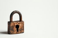 Vintage rusty padlock with keyhole on white background showing age and weathering, symbolizing security, protection and privacy concepts for business designs.