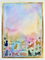 Watercolor stationery frame with colorful cats, paw prints, and hearts on pastel rainbow background with gold border, copy space.