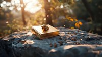 Vintage book with autumn leaf on stone in golden forest sunlight, creating nostalgic outdoor reading atmosphere for literature and nature concepts.