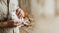Young man in casual linen shirt holding white rabbit, farm animal care and gentle handling concept for agricultural and pet-related projects.