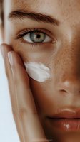 Close-up view of green eye and freckled skin with white moisturizer cream being applied to cheek, showing skincare and beauty routine details.