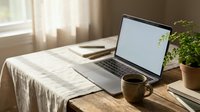 Laptop with blank screen on wooden desk near window with coffee cup and potted plant, home office workspace setup for remote work and productivity.