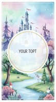 Watercolor fairy tale landscape with castle, unicorn and magical forest featuring blank circular frame for custom text or logo design.
