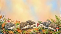 Hedgehogs foraging among autumn leaves, mushrooms, and wildflowers in a natural woodland setting. Suitable for children's books, educational materials, and nature-themed designs.