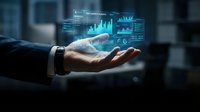 Businessman hand presenting holographic financial data charts and graphs in futuristic digital interface for business analytics and market research.