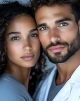 Young attractive couple with curly hair embracing intimately, man with beard and woman with natural makeup showing love and connection in close portrait.