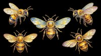 Five detailed honey bees with golden bodies and iridescent wings, isolated on transparent background. Great for stickers, t-shirt design, clipart, sublimation, and print on demand.