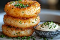 Stack of golden crispy potato cakes garnished with fresh herbs, served with creamy white sauce in decorative bowl on gray plate, macro food photography.