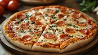 Fresh pepperoni pizza with melted mozzarella and herbs on wooden board, sliced and ready to serve. Golden crispy crust and rich tomato sauce create appetizing meal.