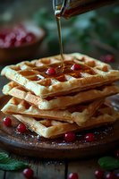 Stack of golden Belgian waffles with maple syrup pouring from above, garnished with fresh cranberries on rustic wooden board, moody food photography.