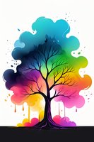 Silhouette of bare tree against vibrant rainbow watercolor splash background with dripping paint effect, creating magical nature artwork for wall decor and prints.