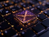 Glowing purple microchip on black keyboard with golden bokeh lights, macro photography showing technological advancement and digital innovation concept.