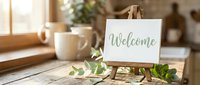 Wooden easel with welcome sign on rustic table, green eucalyptus sprigs, cozy kitchen background with warm sunlight and coffee mug.