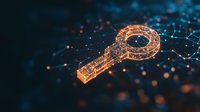 Digital glowing key with network connections on dark background, orange and blue technology concept with bokeh light effects and polygonal structure.