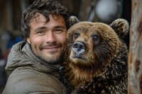 Caucasian male wildlife photographer with dark curly hair and beard poses with friendly brown bear in close-up portrait, showcasing unique bond between human and wild animal.