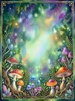 Enchanted forest frame with glowing mushrooms, magical lights, and botanical elements surrounding luminous center space for text or design overlay.