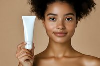 Young African American woman with natural curly hair holding white cosmetic tube against beige background, showcasing skincare product with fresh glowing skin.