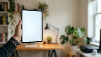 Person holding tablet with blank white screen in modern home office workspace with plants and natural lighting.