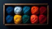 Colorful yarn balls arranged in wooden box, featuring vibrant blue, yellow, orange, red and teal shades. Knitting supplies composition on dark background creates cozy craft atmosphere.