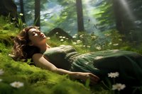 Young woman in green dress lying on moss among daisies in mystical forest setting with sunbeams streaming through trees, creating dreamy fairy tale atmosphere.