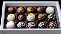 Luxury chocolate truffles and pralines in elegant box with dark and white chocolate decorations, gourmet confectionery assortment arranged in rows.