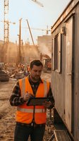Construction worker in safety vest using tablet at building site with cranes and equipment during golden hour sunset for project management and planning.